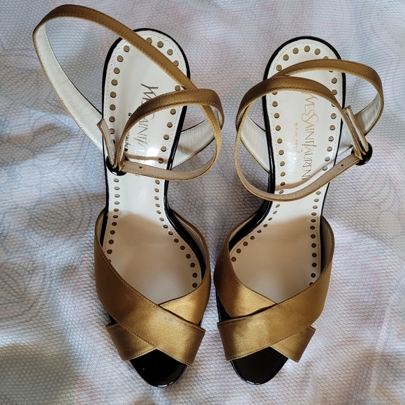 NEW YSL SAINT LAURENT BLACK & GOLD SIZE 37 HEELS - Picture 8 of 11